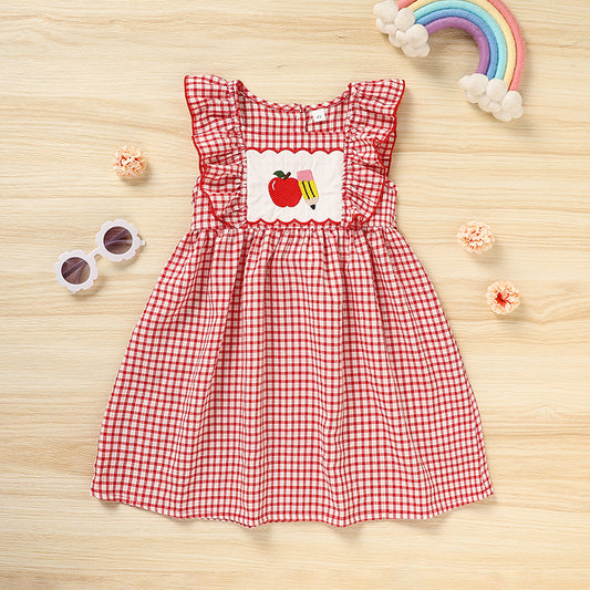 Toddler Girls' Back To School Dress Apple Embroidered Smocked Dress With Flying Sleeves Casual Dress