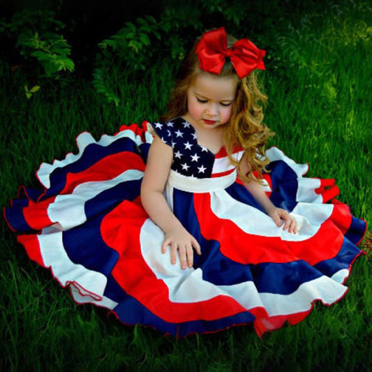Toddler Girls' Independence Day Dress Red White & Blue Stripes And Stars Short Sleeve Twirl Dress 4th Of July