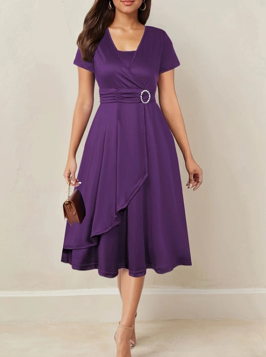 Asymmetrical Hem Short Sleeve V-neck Cross Elegant Solid Color Rhinestone Dress Purple