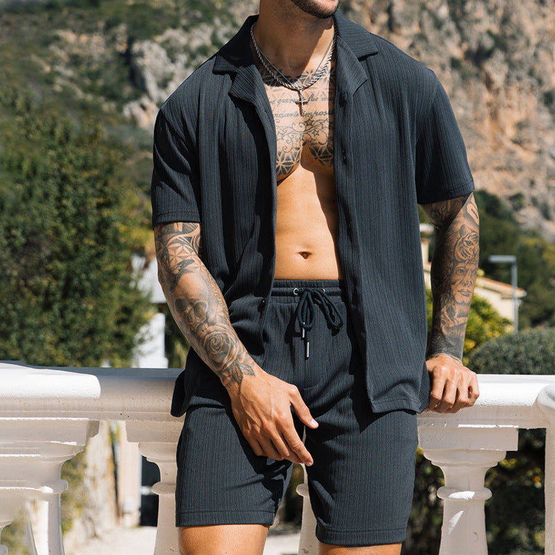 Men's Two Piece Set Short Sleeve Lapel Button Shirts And Shorts