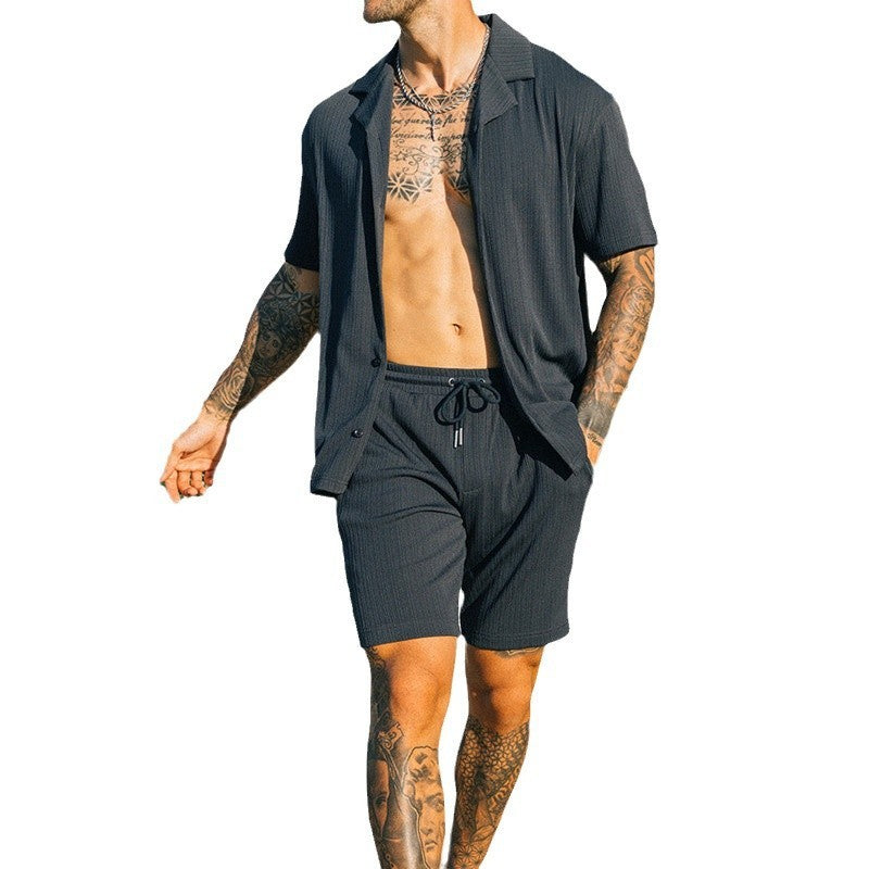 Men's Two Piece Set Short Sleeve Lapel Button Shirts And Shorts