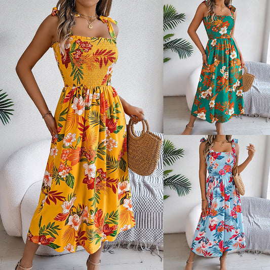 Flowers Print Suspender Corset Dress for Summer Beach Fashion