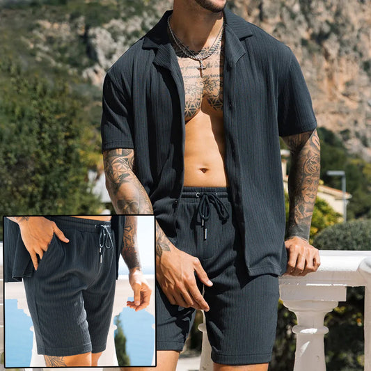 Men's Two Piece Set Short Sleeve Lapel Button Shirts And Shorts