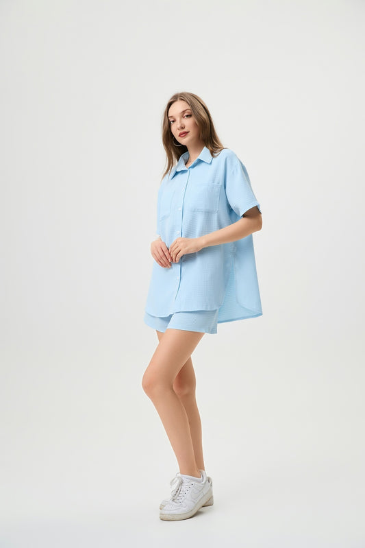 Casual Two-Piece Set For Women Waffle Textured Ice Blue Outfit