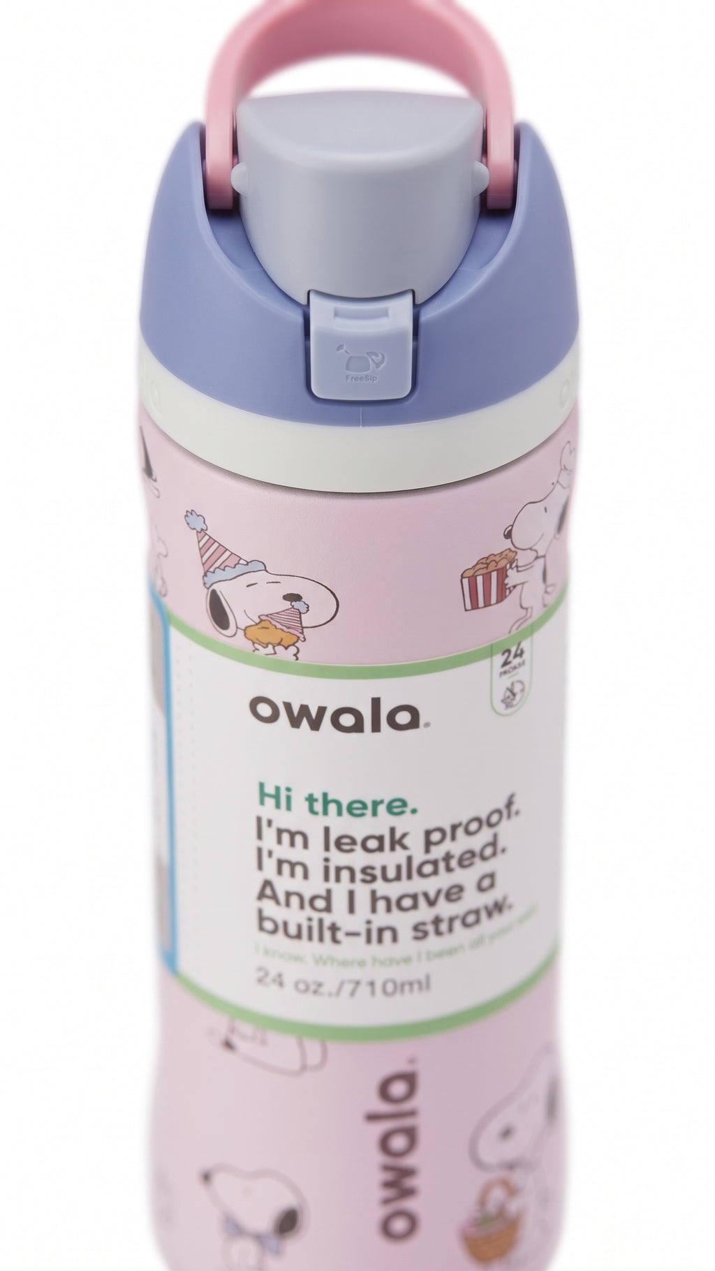 Owala FreeSip Peanuts Snoopy Baseball Water Bottle, angled view