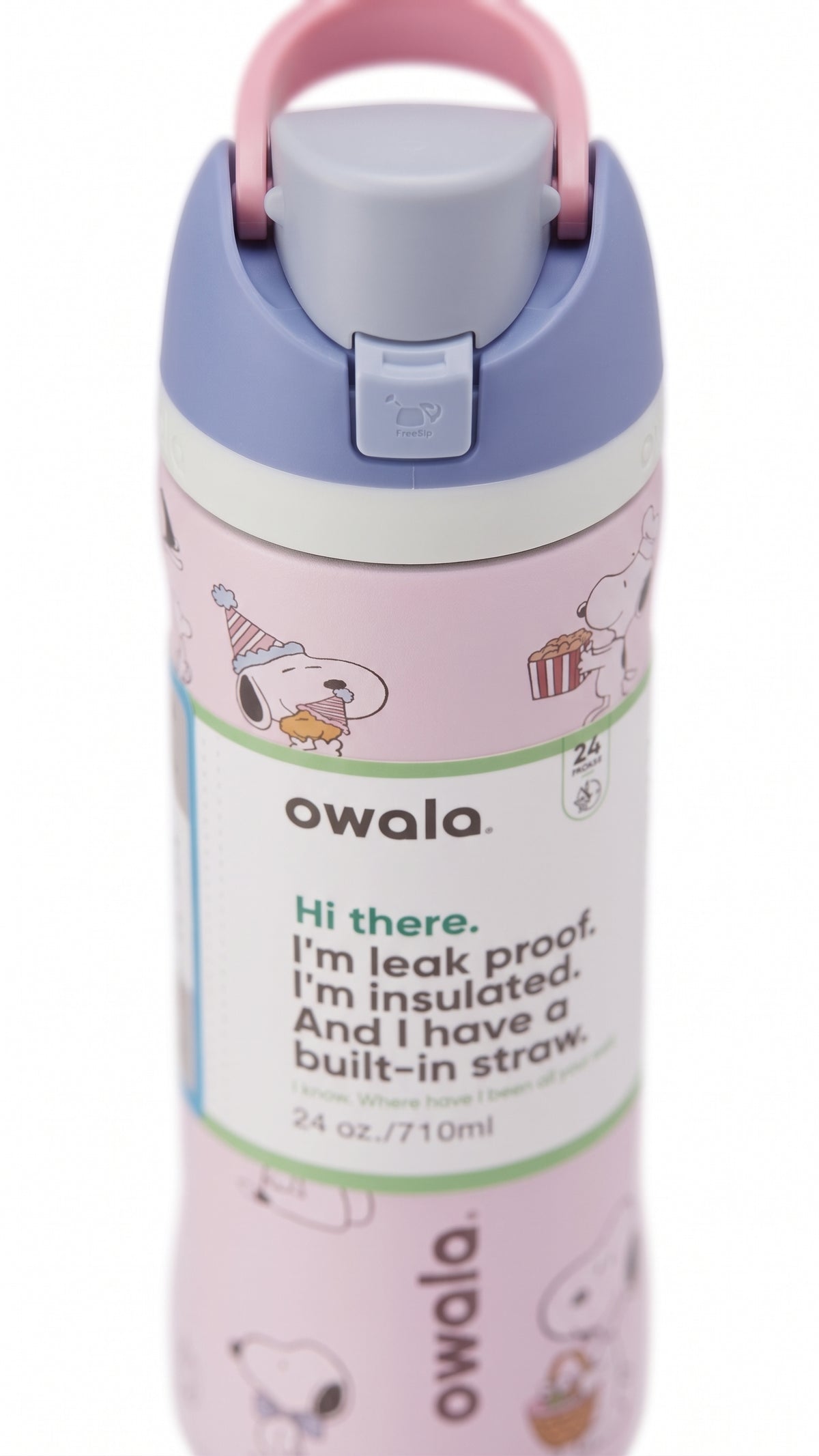 Owala FreeSip Peanuts Snoopy Baseball Water Bottle, angled view