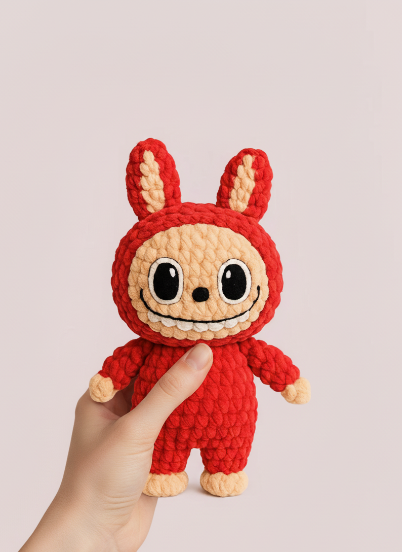 Hand holding a small red plush toy with a smiling face against a light pink background