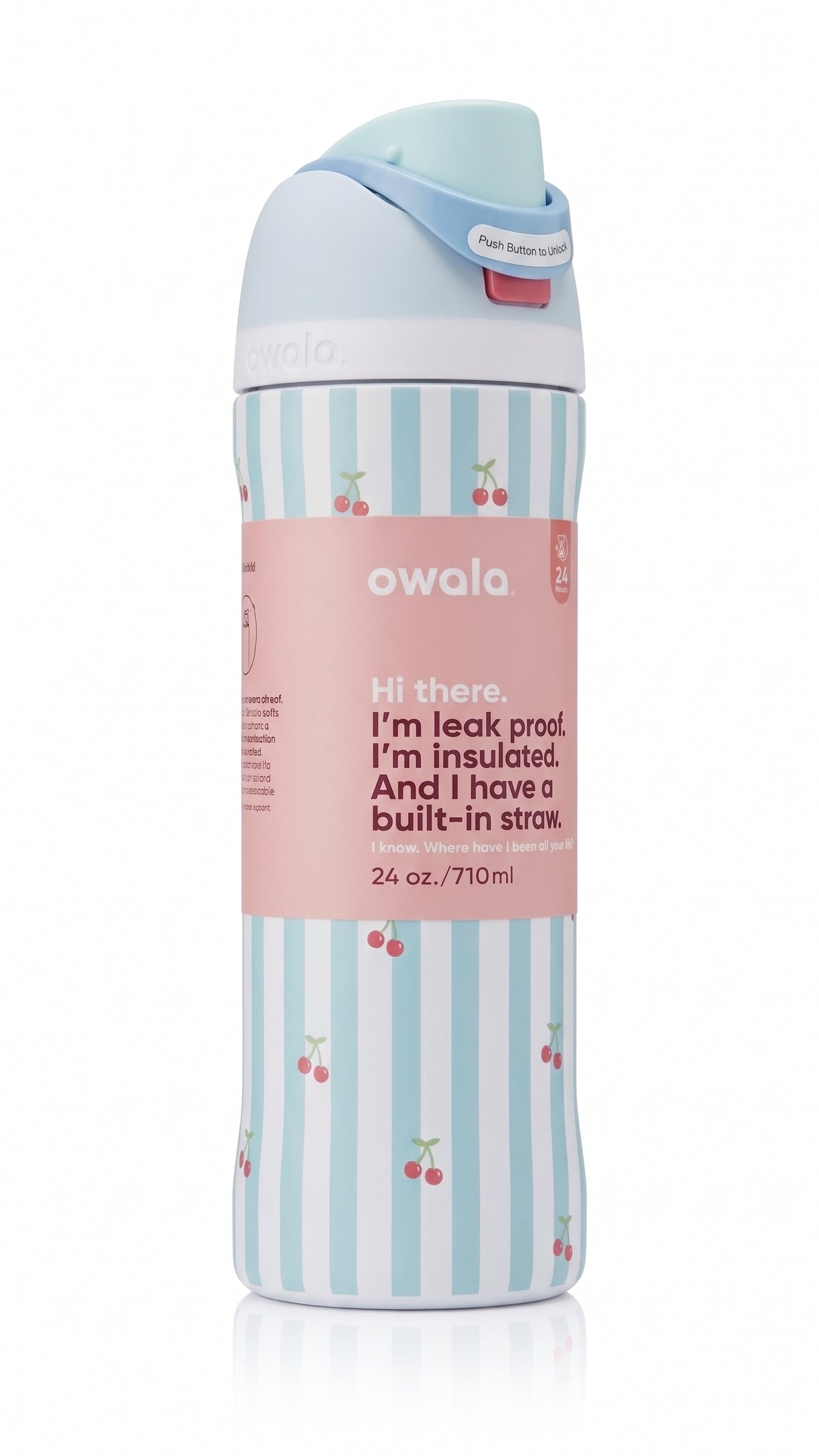 Owala FreeSip Peanuts Snoopy Cherry Stripe Water Bottle, angled view