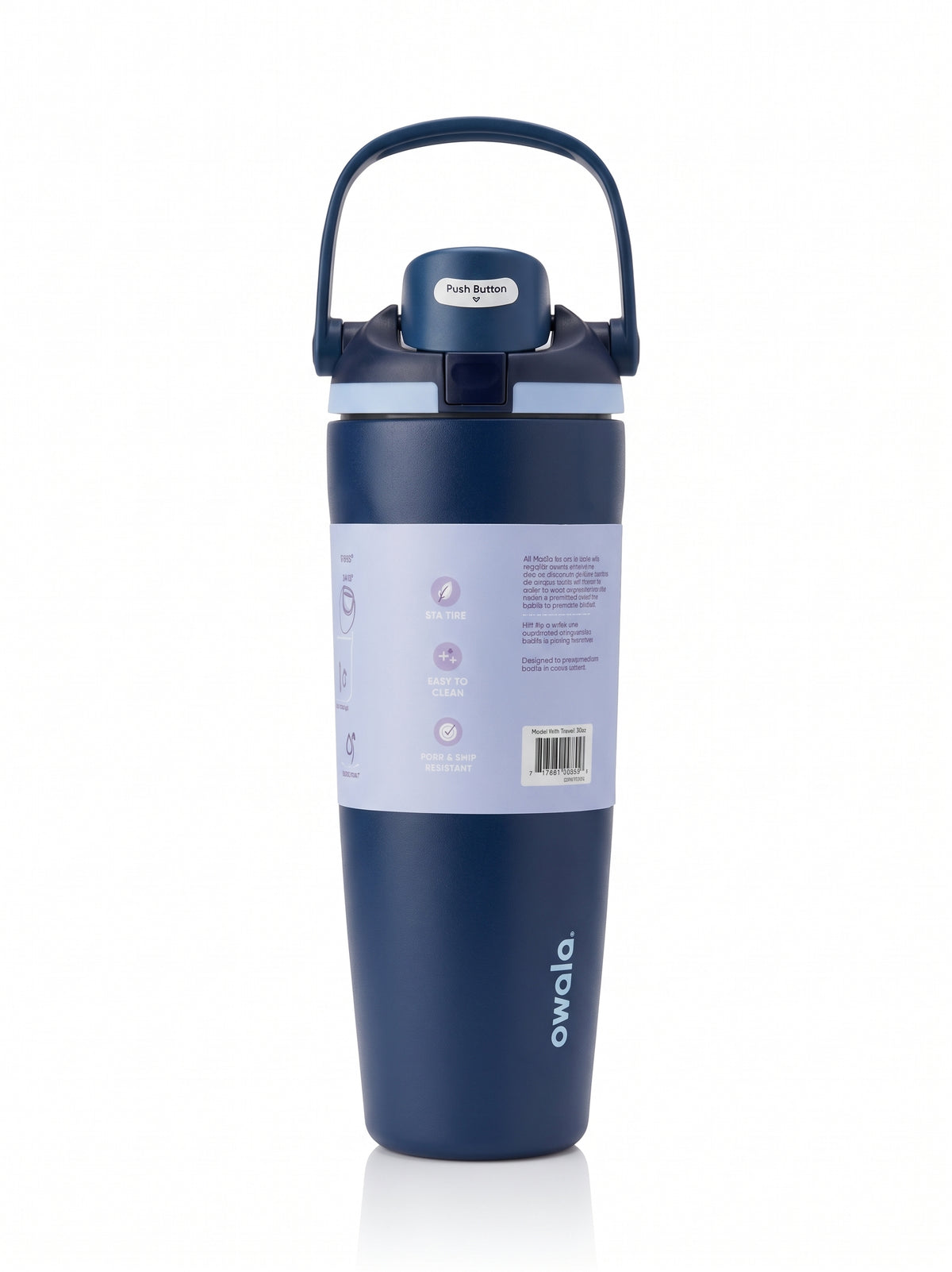Owala Navy Blue Tumbler, angled view