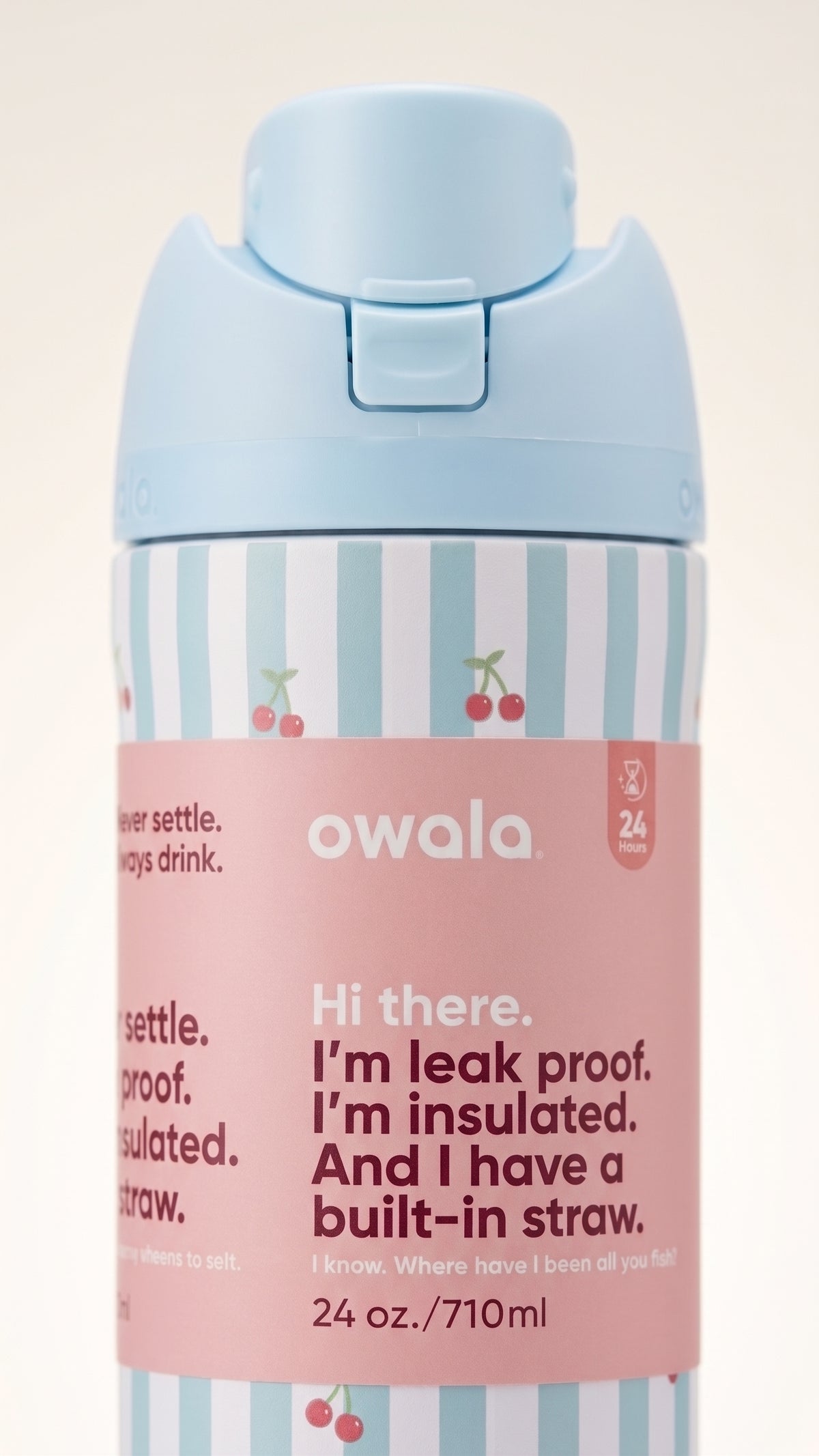 Owala FreeSip Peanuts Snoopy Cherry Stripe Water Bottle, close-up view