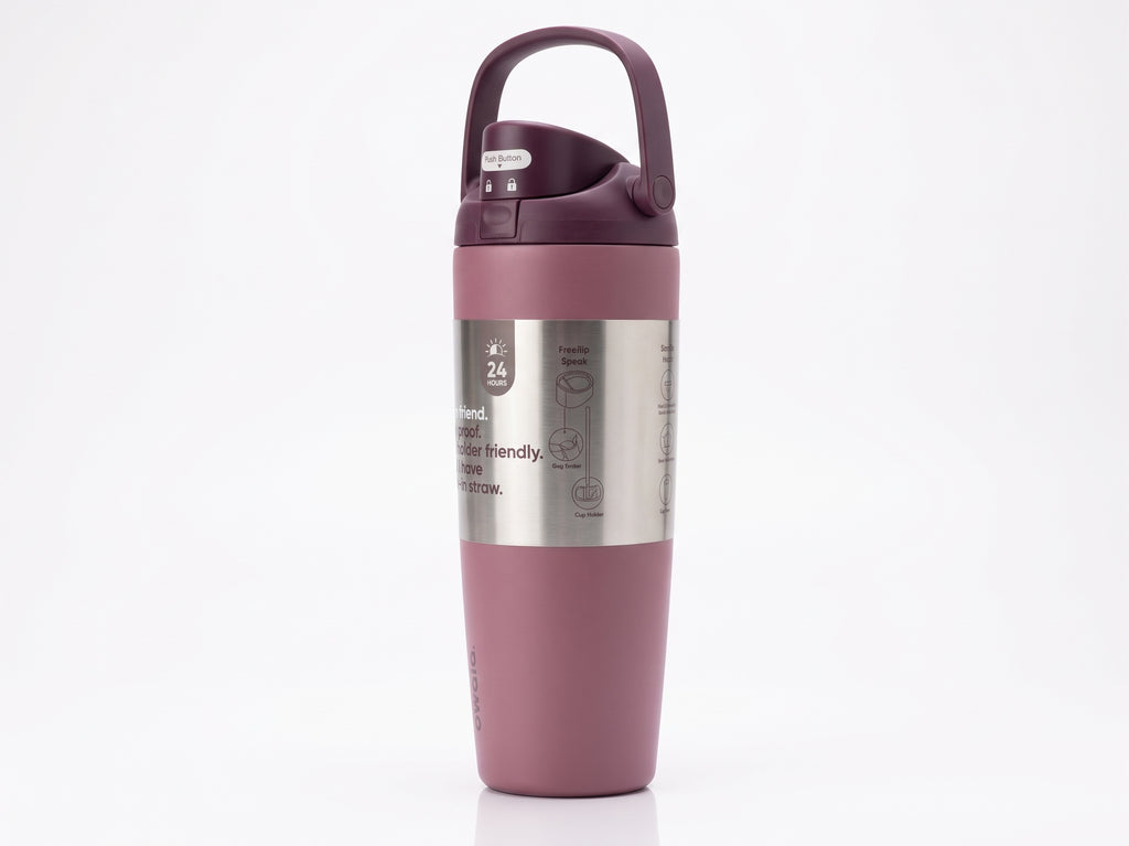 Owala FreeSip Tumbler with travel-grip handle in Burgundy, hero shot