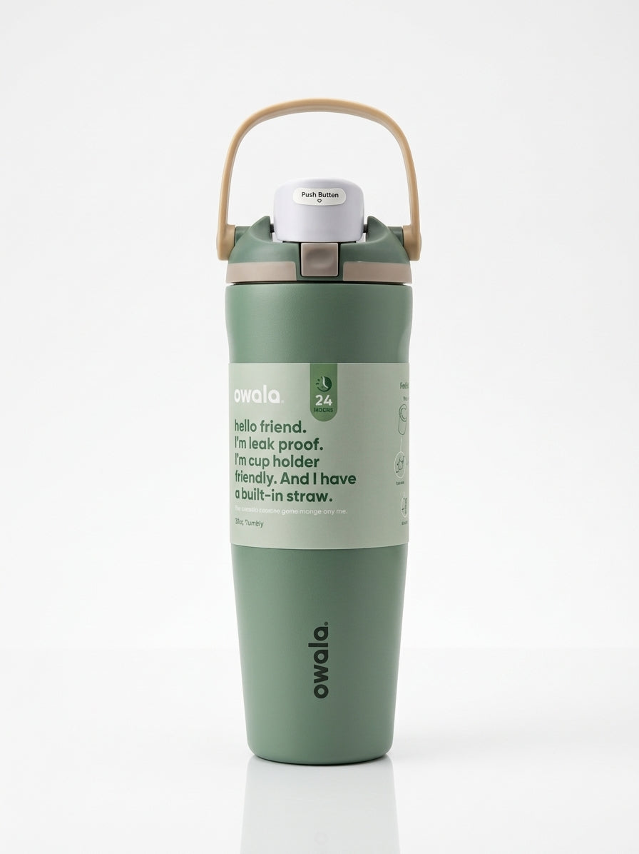 Owala FreeSip Tumbler with travel-grip handle in Olive Green, hero shot