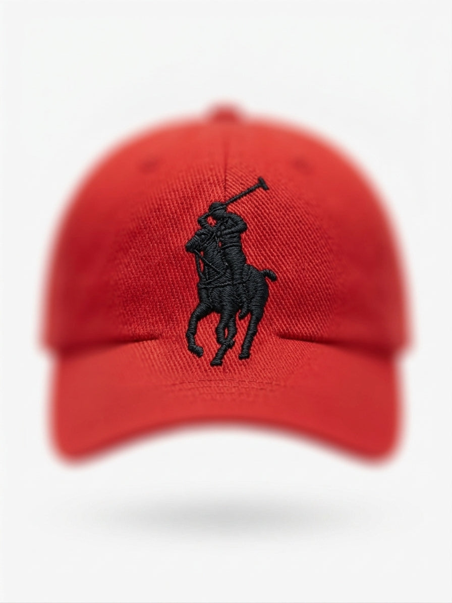 Polo Ralph Lauren Red Baseball Cap, close-up of embroidered pony logo