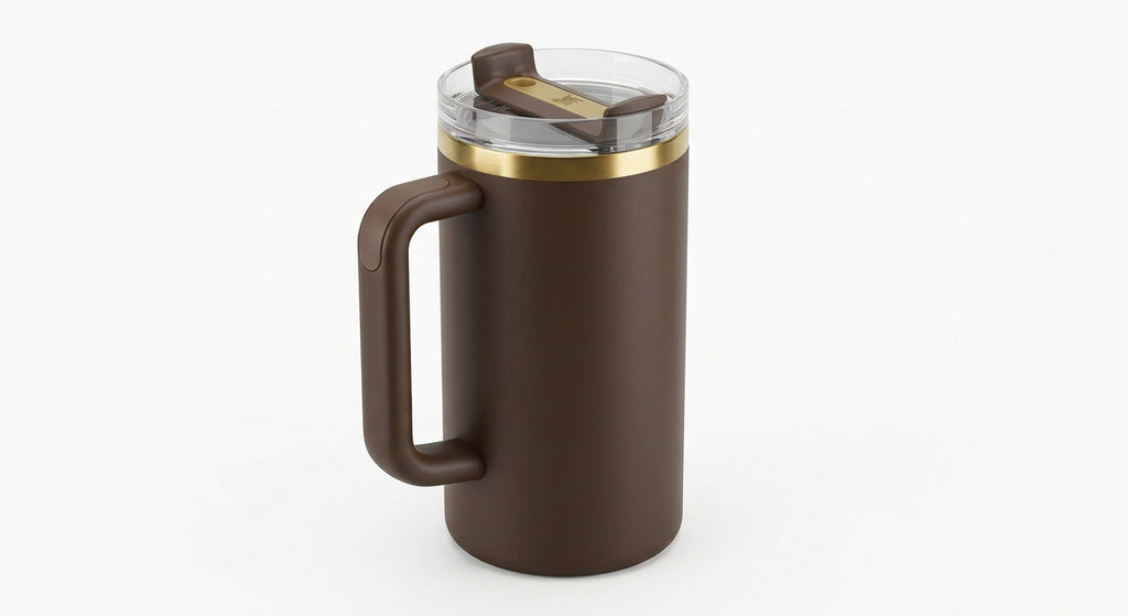 Stanley Quencher tumbler in brown and gold, angled view