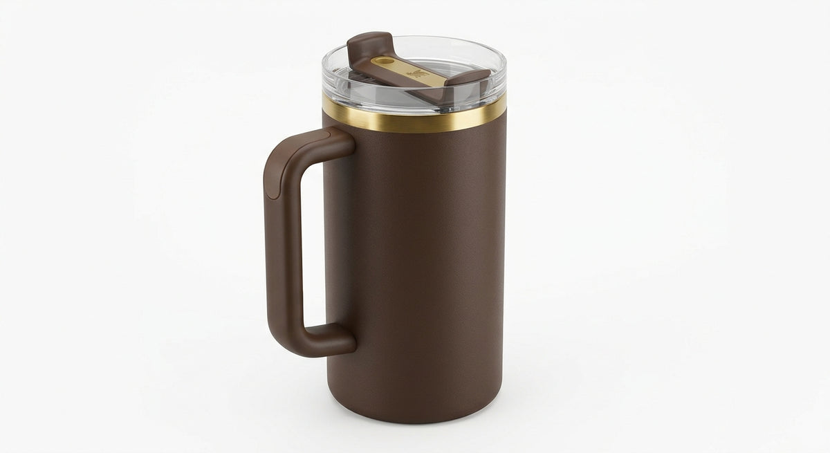 Stanley Quencher tumbler in brown and gold, angled view