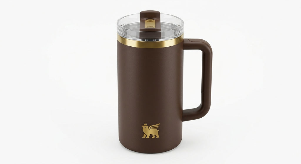 Stanley Quencher tumbler in brown and gold, close-up