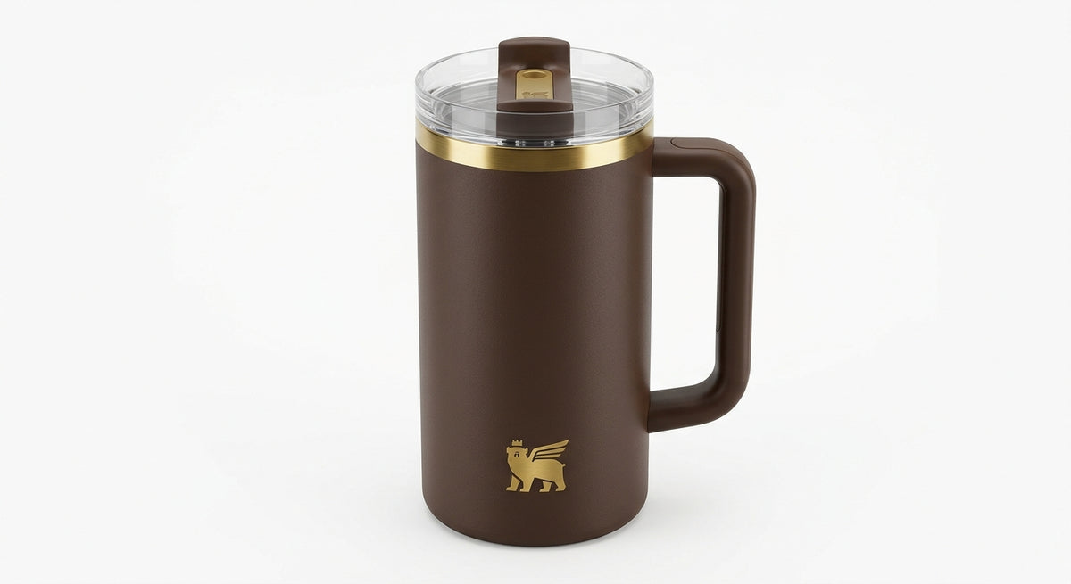 Stanley Quencher tumbler in brown and gold, close-up
