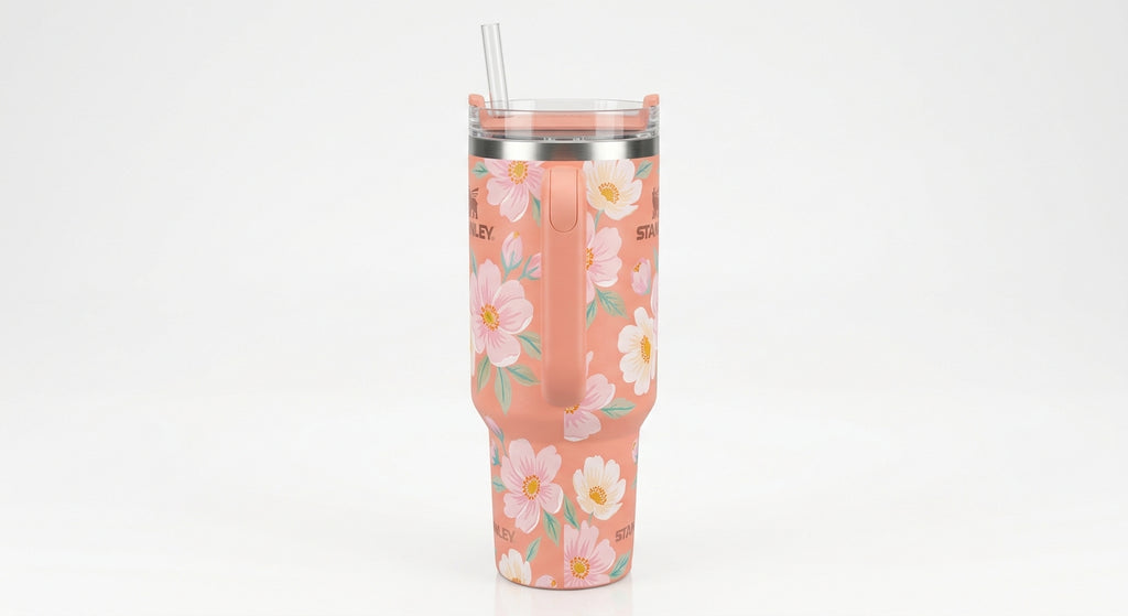 Stanley Quencher tumbler in peach floral, angled view