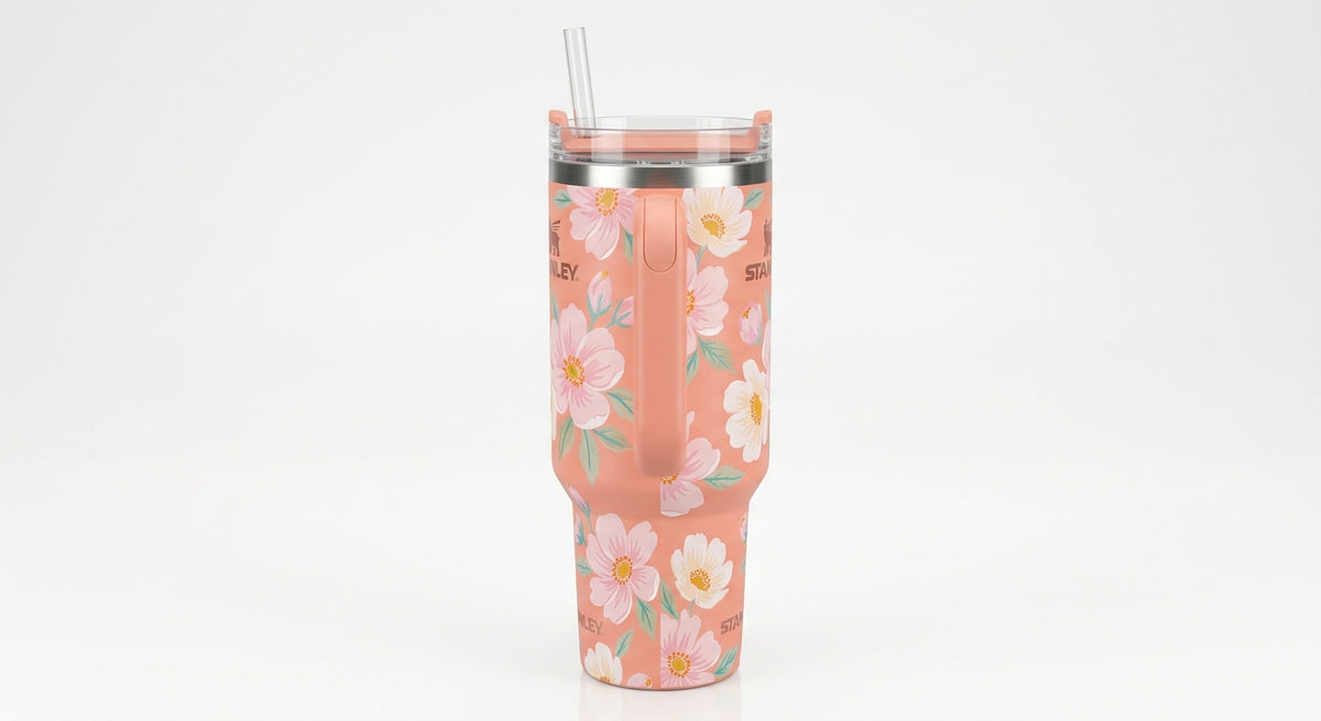 Stanley Quencher tumbler in peach floral, angled view