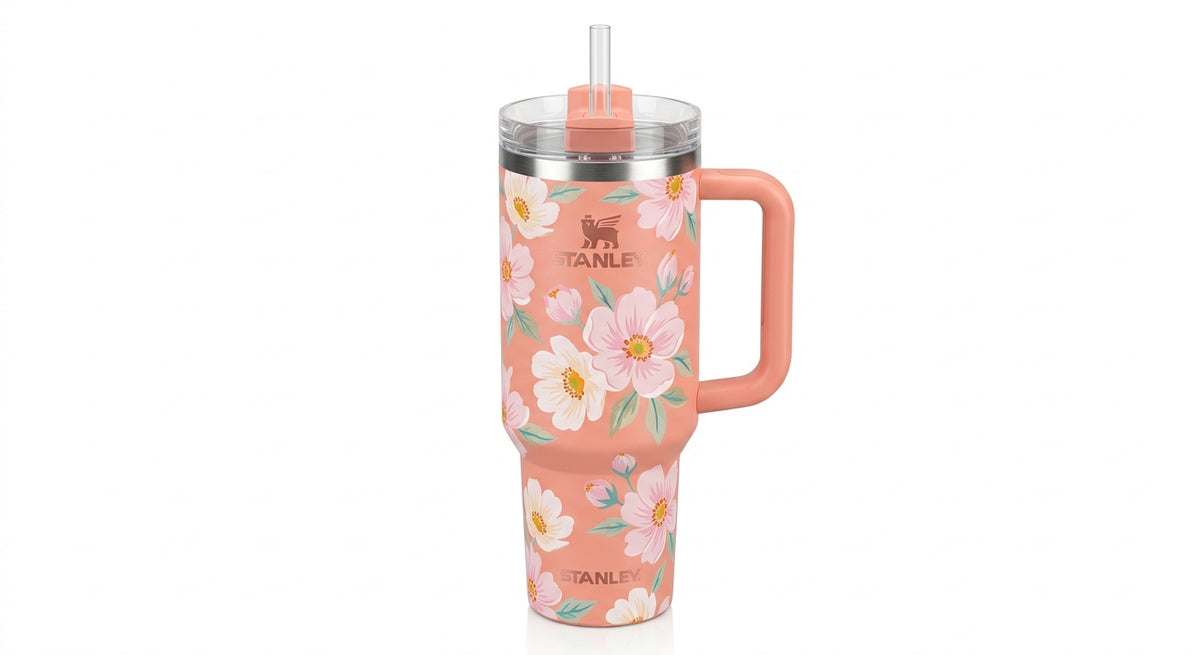 Stanley Quencher tumbler in peach floral, close-up
