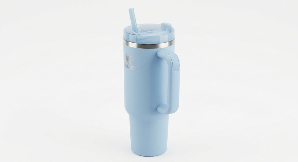 Stanley Quencher tumbler in light blue seafoam, angled view