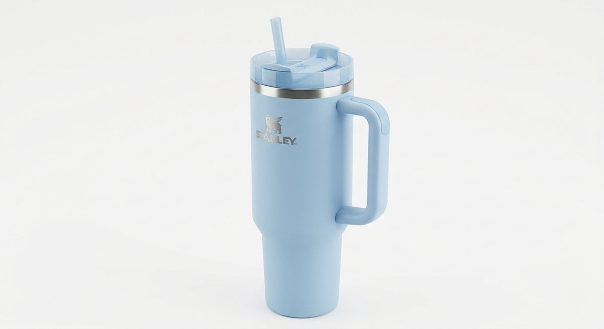 Stanley Quencher tumbler in light blue seafoam, close-up