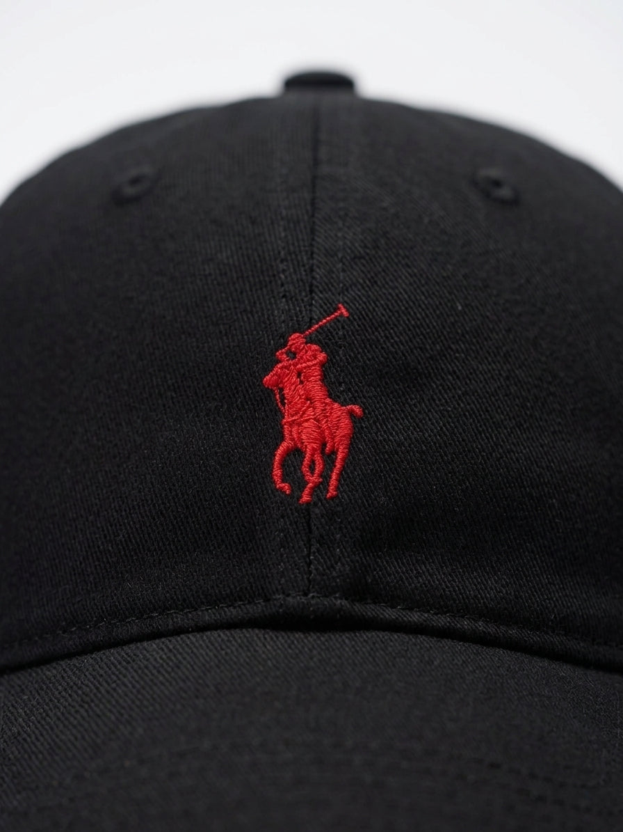 Polo Ralph Lauren Black Baseball Cap, close-up of embroidered pony logo