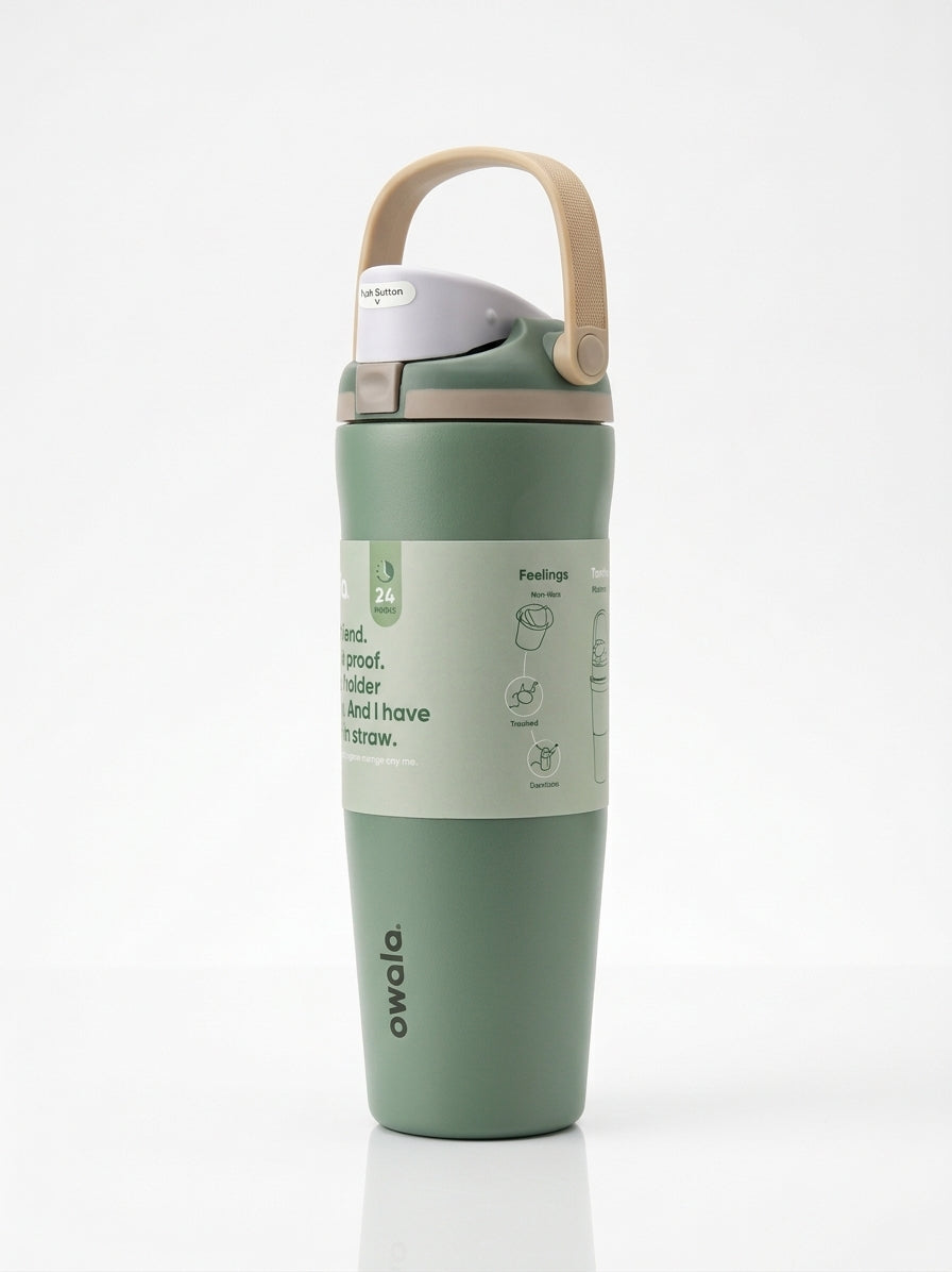 Owala Sage Green Tumbler, angled view
