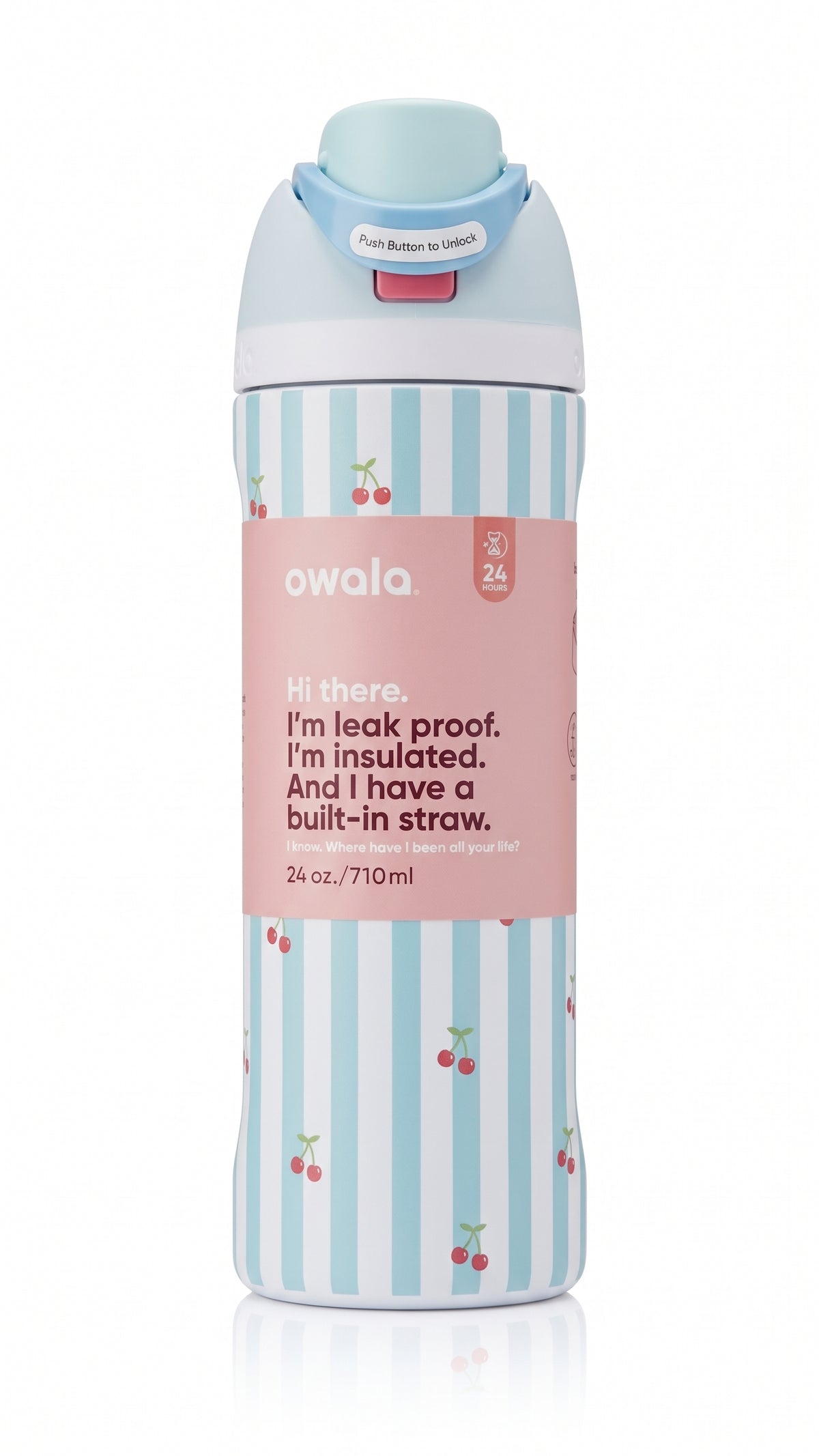 Owala FreeSip 24oz Water Bottle, Peanuts Snoopy Cherry Stripe edition, hero shot