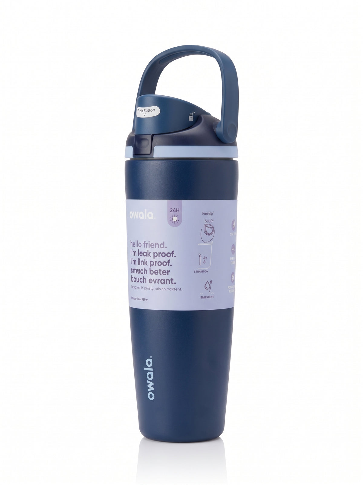 Owala FreeSip Tumbler with travel-grip handle in Navy Blue, hero shot