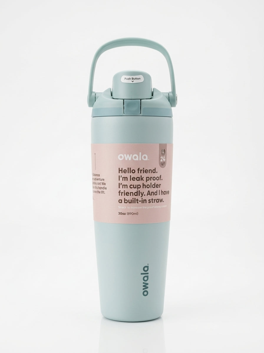 Owala FreeSip Tumbler with travel-grip handle in Sage Green, hero shot