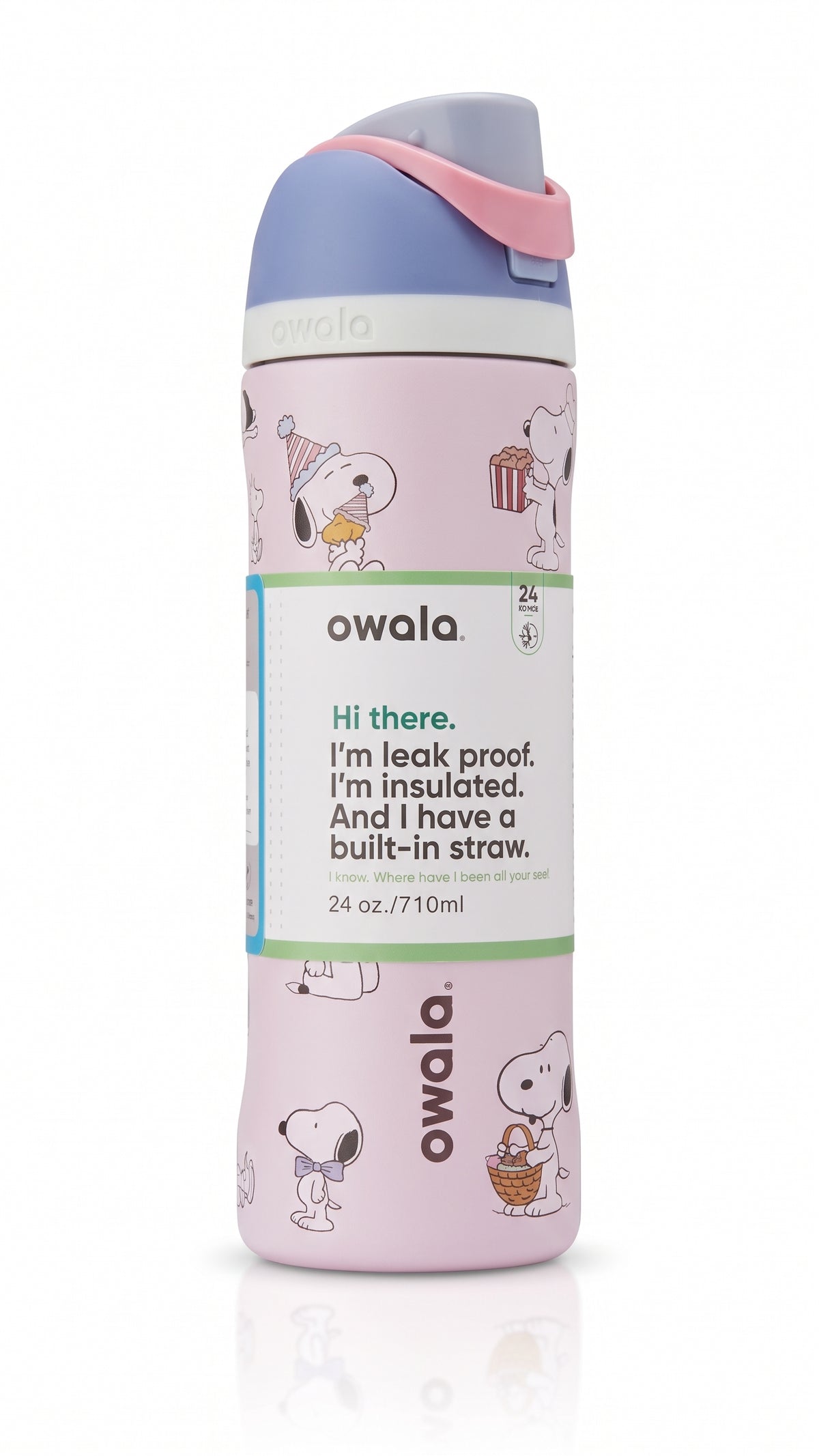 Owala FreeSip Peanuts Snoopy Ice Cream Water Bottle, angled view
