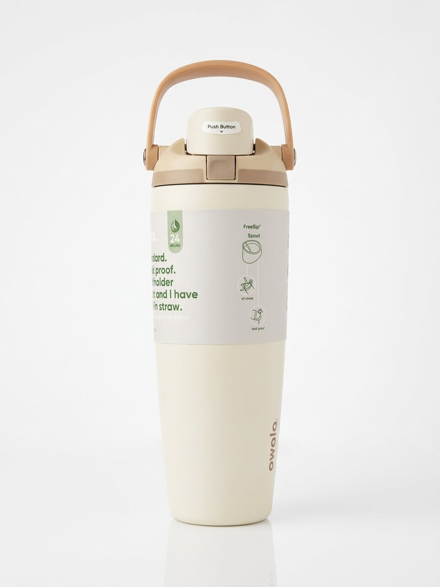 Owala FreeSip Tumbler with travel-grip handle in Cream, hero shot