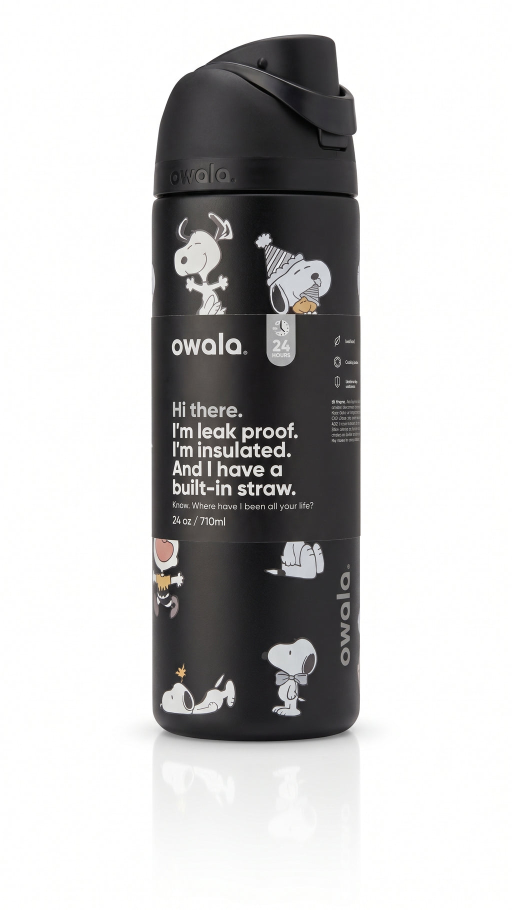 Owala FreeSip Peanuts Snoopy Baseball Water Bottle, close-up view