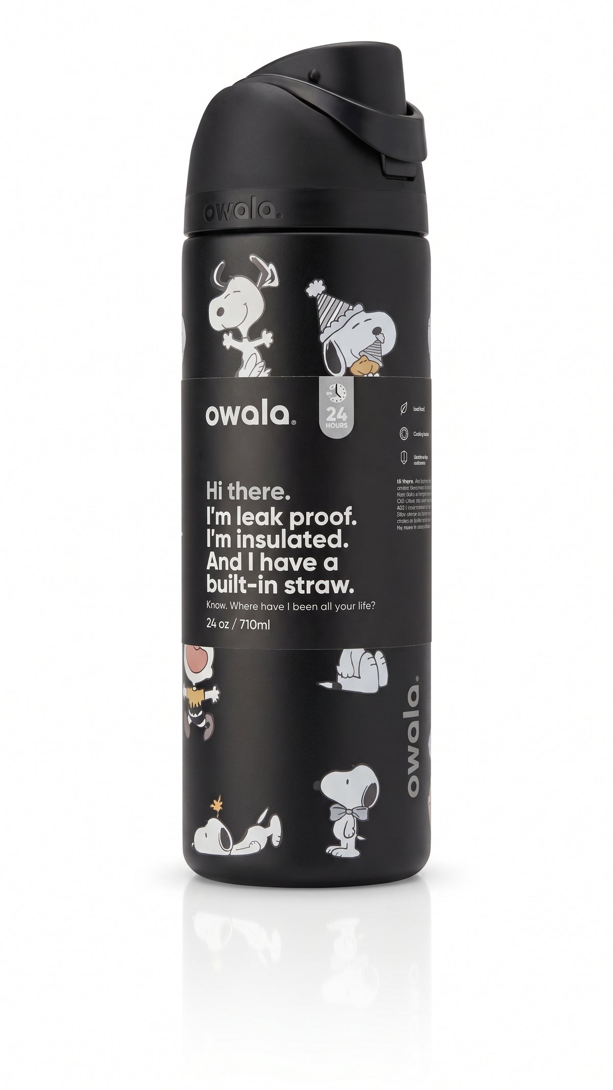 Owala FreeSip Peanuts Snoopy Baseball Water Bottle, close-up view