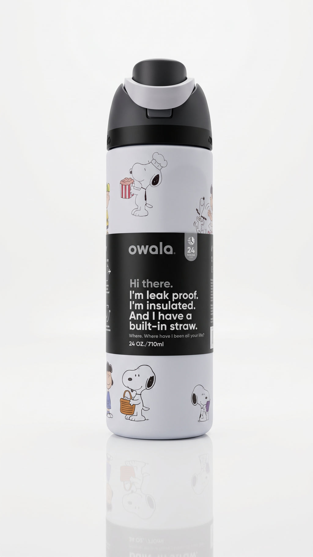 Owala FreeSip Peanuts Snoopy Charlie Brown Water Bottle, angled view