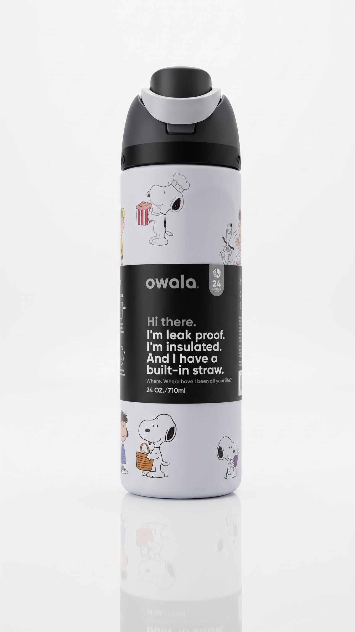Owala FreeSip Peanuts Snoopy Charlie Brown Water Bottle, angled view