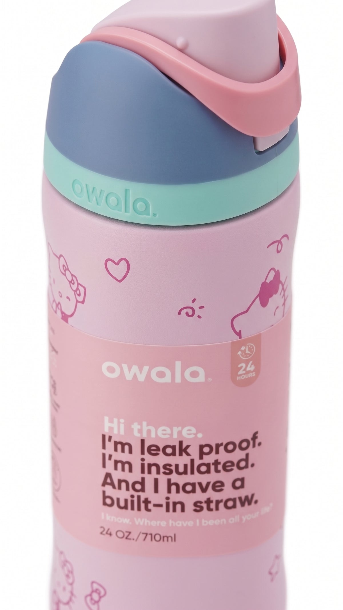 Owala FreeSip Peanuts Snoopy Hearts Water Bottle, close-up of straw lid
