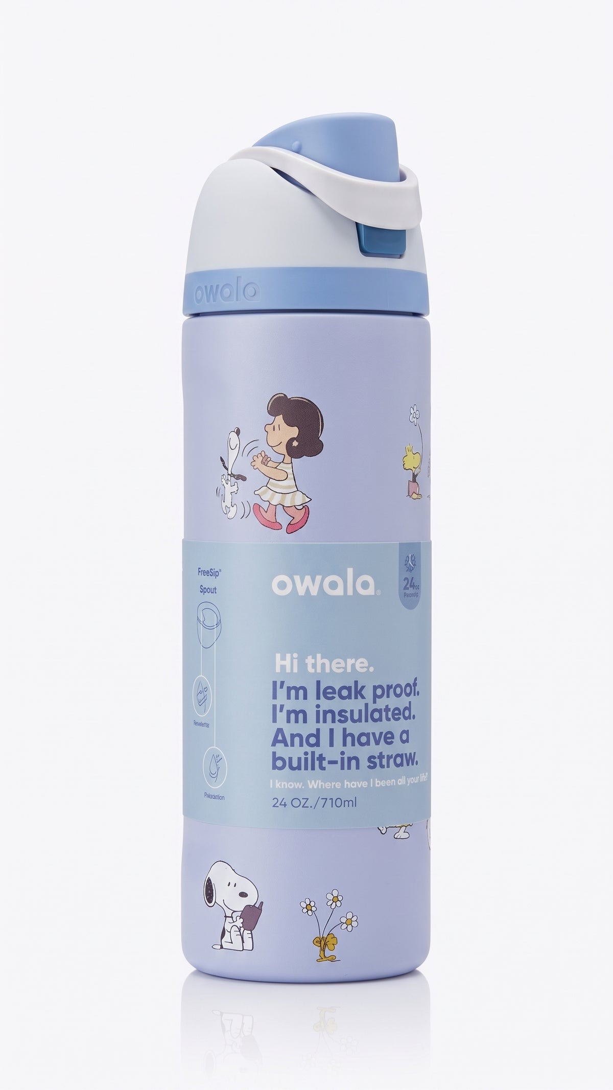 Owala FreeSip Peanuts Snoopy Ice Cream Water Bottle, close-up view