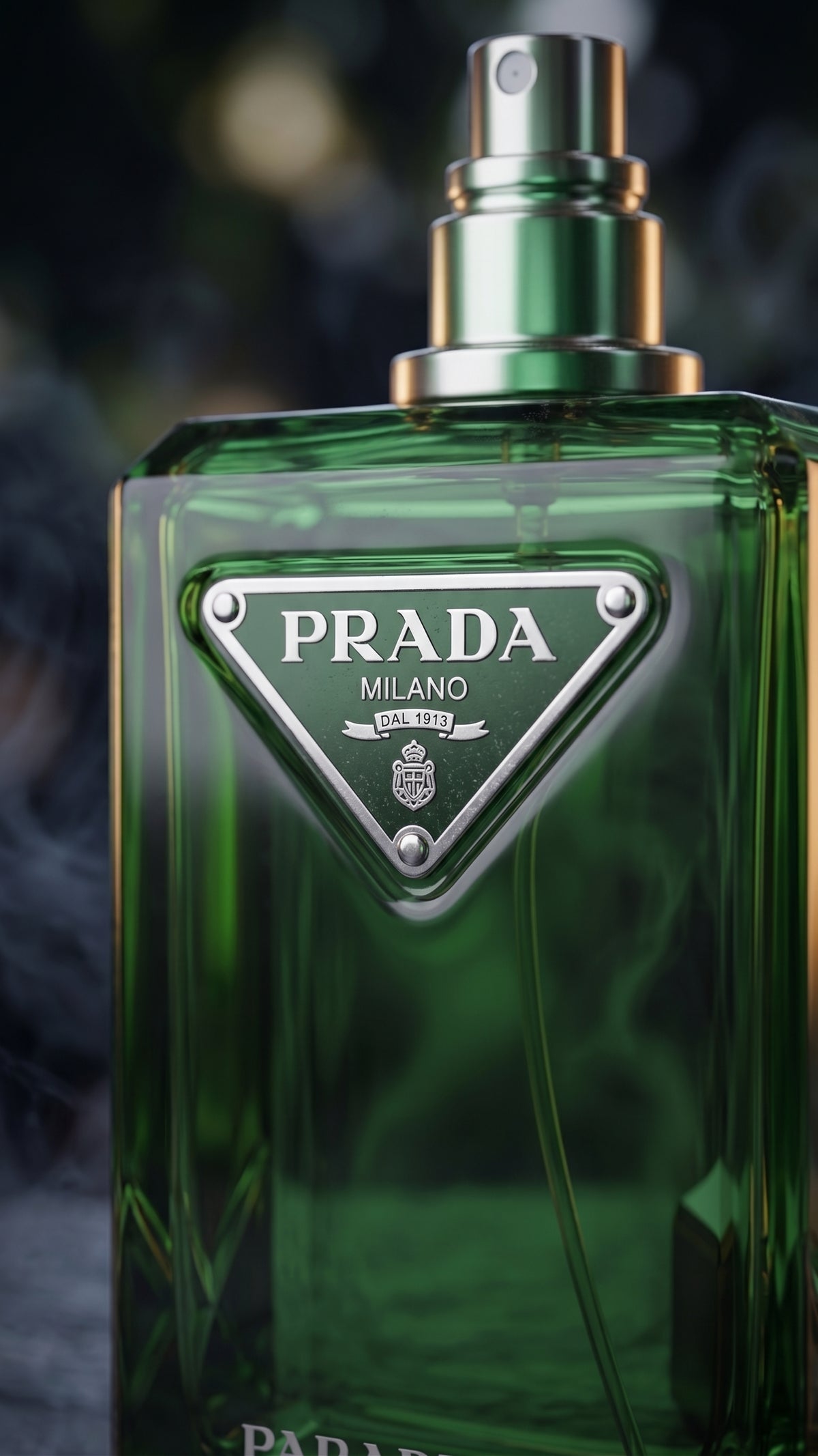 Prada Paradigme bottle macro close-up of Prada logo