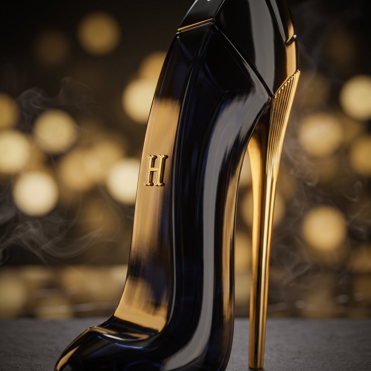 Carolina Herrera Good Girl bottle macro close-up of gold H emblem