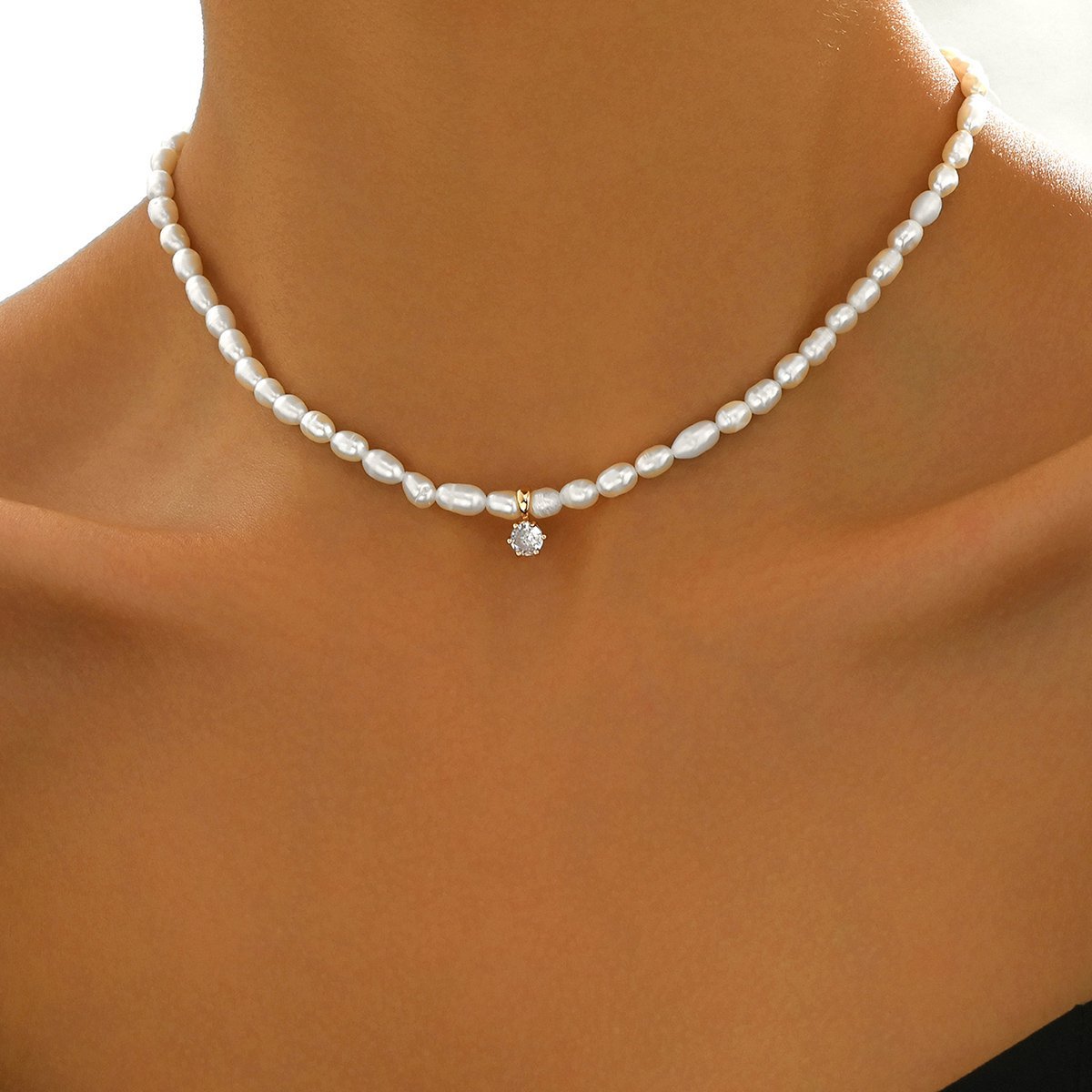 Elegant Freshwater Pearl Choker Necklace With Diamond Pendant -  Stylish And Feminine Jewelry For Young Women